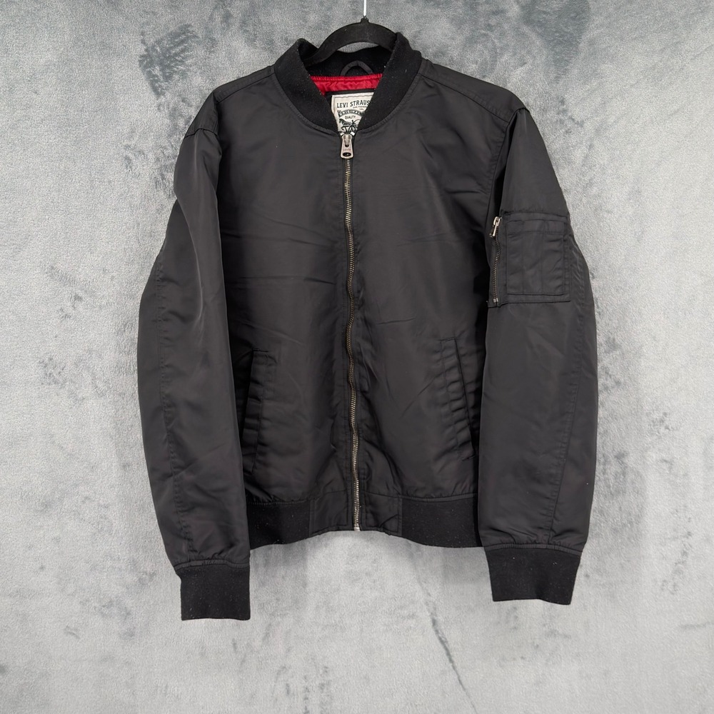 Levis Jacket Mens Size M Bomber Flight MA-1 Zip Up Pockets Black Red Lining